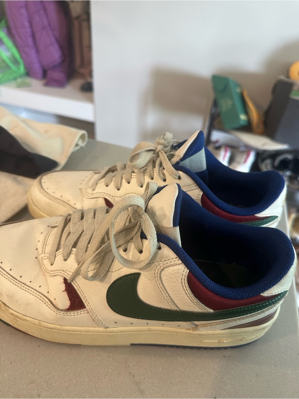 White Sneakers with Green Swoosh and Blue Lining